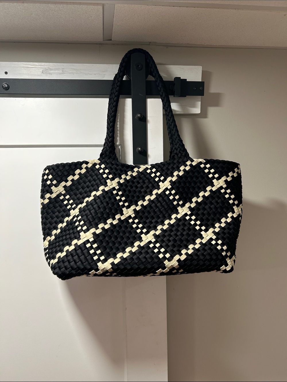 BCBGMaxAzria Black and Cream Woven Diamond Tote